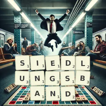 Kreative Illustration für ein Scrabble-Spiel, bei dem das Wort SIEDLUNGSBAND mit Steinen auf dem Brett gelegt wurde.