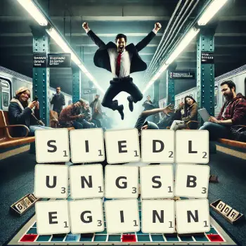 Kreative Illustration für ein Scrabble-Spiel, bei dem das Wort SIEDLUNGSBEGINN mit Steinen auf dem Brett gelegt wurde.