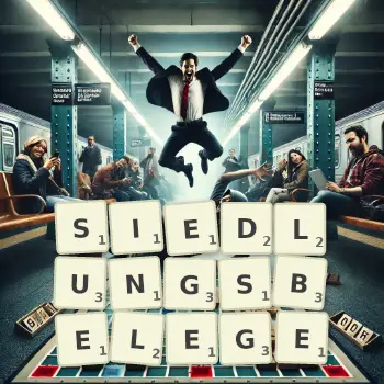 Kreative Illustration für ein Scrabble-Spiel, bei dem das Wort SIEDLUNGSBELEGE mit Steinen auf dem Brett gelegt wurde.