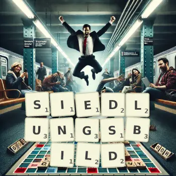 Kreative Illustration für ein Scrabble-Spiel, bei dem das Wort SIEDLUNGSBILD mit Steinen auf dem Brett gelegt wurde.