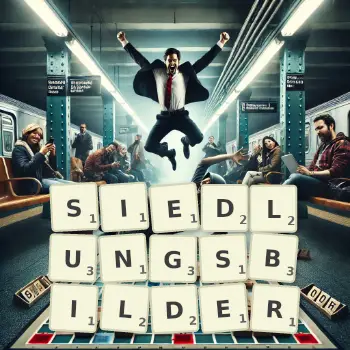 Kreative Illustration für ein Scrabble-Spiel, bei dem das Wort SIEDLUNGSBILDER mit Steinen auf dem Brett gelegt wurde.
