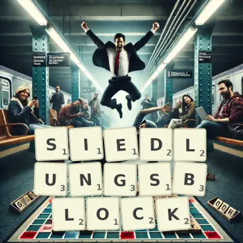 Kreative Illustration für ein Scrabble-Spiel, bei dem das Wort SIEDLUNGSBLOCK mit Steinen auf dem Brett gelegt wurde.