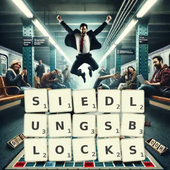 Kreative Illustration für ein Scrabble-Spiel, bei dem das Wort SIEDLUNGSBLOCKS mit Steinen auf dem Brett gelegt wurde.