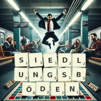 Kreative Illustration für ein Scrabble-Spiel, bei dem das Wort SIEDLUNGSBÖDEN mit Steinen auf dem Brett gelegt wurde.