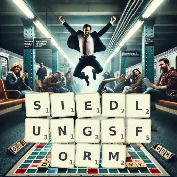 Kreative Illustration für ein Scrabble-Spiel, bei dem das Wort SIEDLUNGSFORM mit Steinen auf dem Brett gelegt wurde.