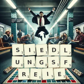 Kreative Illustration für ein Scrabble-Spiel, bei dem das Wort SIEDLUNGSFREIE mit Steinen auf dem Brett gelegt wurde.