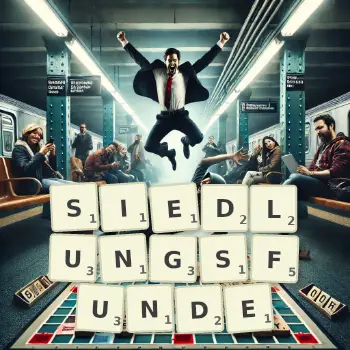 Kreative Illustration für ein Scrabble-Spiel, bei dem das Wort SIEDLUNGSFUNDE mit Steinen auf dem Brett gelegt wurde.