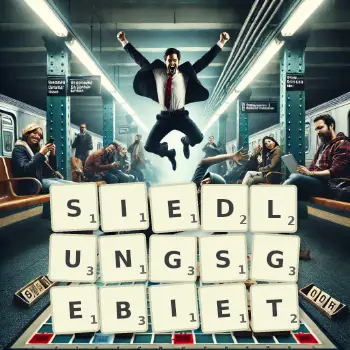 Kreative Illustration für ein Scrabble-Spiel, bei dem das Wort SIEDLUNGSGEBIET mit Steinen auf dem Brett gelegt wurde.