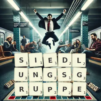 Kreative Illustration für ein Scrabble-Spiel, bei dem das Wort SIEDLUNGSGRUPPE mit Steinen auf dem Brett gelegt wurde.