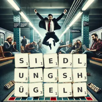 Kreative Illustration für ein Scrabble-Spiel, bei dem das Wort SIEDLUNGSHÜGELN mit Steinen auf dem Brett gelegt wurde.