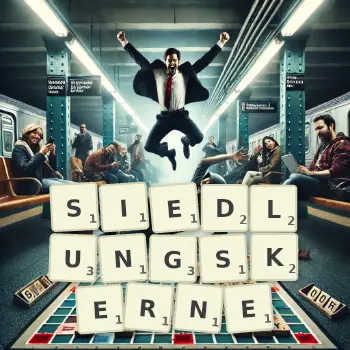 Kreative Illustration für ein Scrabble-Spiel, bei dem das Wort SIEDLUNGSKERNE mit Steinen auf dem Brett gelegt wurde.