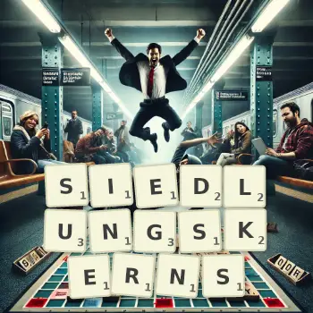 Kreative Illustration für ein Scrabble-Spiel, bei dem das Wort SIEDLUNGSKERNS mit Steinen auf dem Brett gelegt wurde.