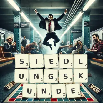 Kreative Illustration für ein Scrabble-Spiel, bei dem das Wort SIEDLUNGSKUNDE mit Steinen auf dem Brett gelegt wurde.