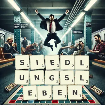 Kreative Illustration für ein Scrabble-Spiel, bei dem das Wort SIEDLUNGSLEBEN mit Steinen auf dem Brett gelegt wurde.