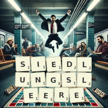 Kreative Illustration für ein Scrabble-Spiel, bei dem das Wort SIEDLUNGSLEERE mit Steinen auf dem Brett gelegt wurde.