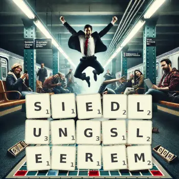 Kreative Illustration für ein Scrabble-Spiel, bei dem das Wort SIEDLUNGSLEEREM mit Steinen auf dem Brett gelegt wurde.
