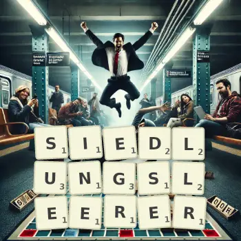 Kreative Illustration für ein Scrabble-Spiel, bei dem das Wort SIEDLUNGSLEERER mit Steinen auf dem Brett gelegt wurde.