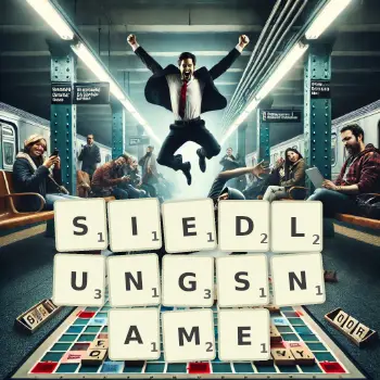 Kreative Illustration für ein Scrabble-Spiel, bei dem das Wort SIEDLUNGSNAME mit Steinen auf dem Brett gelegt wurde.