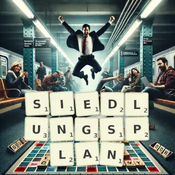 Kreative Illustration für ein Scrabble-Spiel, bei dem das Wort SIEDLUNGSPLAN mit Steinen auf dem Brett gelegt wurde.