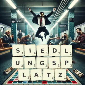 Kreative Illustration für ein Scrabble-Spiel, bei dem das Wort SIEDLUNGSPLATZ mit Steinen auf dem Brett gelegt wurde.