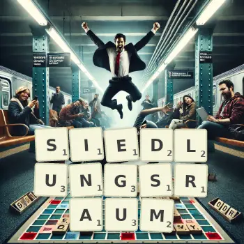 Kreative Illustration für ein Scrabble-Spiel, bei dem das Wort SIEDLUNGSRAUM mit Steinen auf dem Brett gelegt wurde.