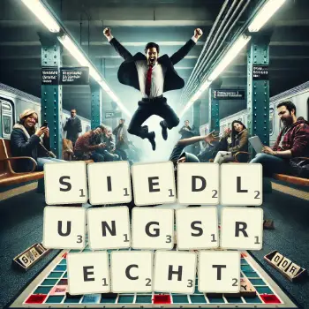 Kreative Illustration für ein Scrabble-Spiel, bei dem das Wort SIEDLUNGSRECHT mit Steinen auf dem Brett gelegt wurde.