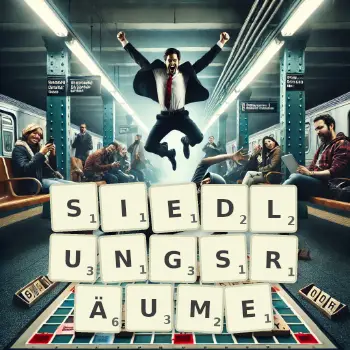 Kreative Illustration für ein Scrabble-Spiel, bei dem das Wort SIEDLUNGSRÄUME mit Steinen auf dem Brett gelegt wurde.