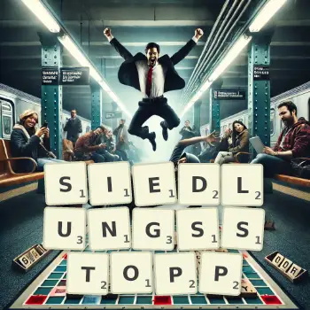 Kreative Illustration für ein Scrabble-Spiel, bei dem das Wort SIEDLUNGSSTOPP mit Steinen auf dem Brett gelegt wurde.