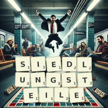 Kreative Illustration für ein Scrabble-Spiel, bei dem das Wort SIEDLUNGSTEILE mit Steinen auf dem Brett gelegt wurde.