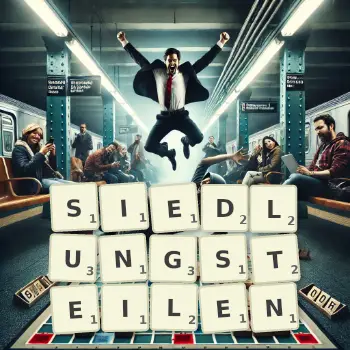 Kreative Illustration für ein Scrabble-Spiel, bei dem das Wort SIEDLUNGSTEILEN mit Steinen auf dem Brett gelegt wurde.