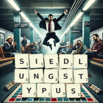 Kreative Illustration für ein Scrabble-Spiel, bei dem das Wort SIEDLUNGSTYPUS mit Steinen auf dem Brett gelegt wurde.