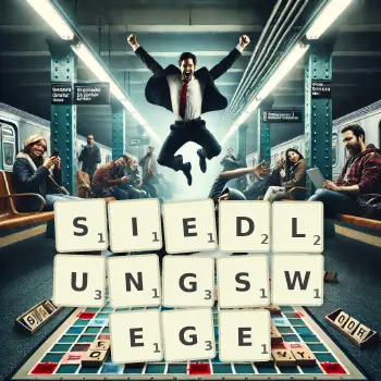 Kreative Illustration für ein Scrabble-Spiel, bei dem das Wort SIEDLUNGSWEGE mit Steinen auf dem Brett gelegt wurde.