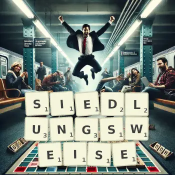 Kreative Illustration für ein Scrabble-Spiel, bei dem das Wort SIEDLUNGSWEISE mit Steinen auf dem Brett gelegt wurde.