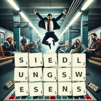 Kreative Illustration für ein Scrabble-Spiel, bei dem das Wort SIEDLUNGSWESENS mit Steinen auf dem Brett gelegt wurde.