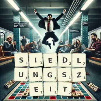 Kreative Illustration für ein Scrabble-Spiel, bei dem das Wort SIEDLUNGSZEIT mit Steinen auf dem Brett gelegt wurde.