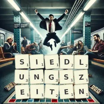 Kreative Illustration für ein Scrabble-Spiel, bei dem das Wort SIEDLUNGSZEITEN mit Steinen auf dem Brett gelegt wurde.