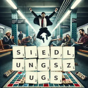 Kreative Illustration für ein Scrabble-Spiel, bei dem das Wort SIEDLUNGSZUGS mit Steinen auf dem Brett gelegt wurde.