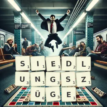 Kreative Illustration für ein Scrabble-Spiel, bei dem das Wort SIEDLUNGSZÜGE mit Steinen auf dem Brett gelegt wurde.