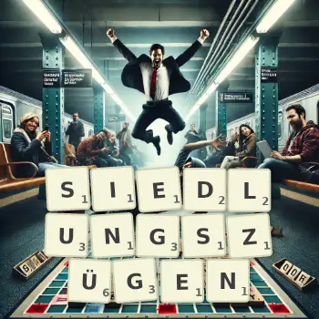 Kreative Illustration für ein Scrabble-Spiel, bei dem das Wort SIEDLUNGSZÜGEN mit Steinen auf dem Brett gelegt wurde.