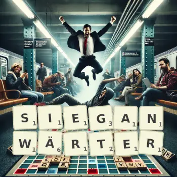 Kreative Illustration für ein Scrabble-Spiel, bei dem das Wort SIEGANWÄRTER mit Steinen auf dem Brett gelegt wurde.