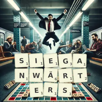 Kreative Illustration für ein Scrabble-Spiel, bei dem das Wort SIEGANWÄRTERS mit Steinen auf dem Brett gelegt wurde.