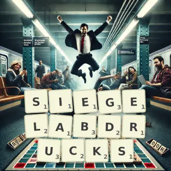 Kreative Illustration für ein Scrabble-Spiel, bei dem das Wort SIEGELABDRUCKS mit Steinen auf dem Brett gelegt wurde.