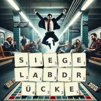 Kreative Illustration für ein Scrabble-Spiel, bei dem das Wort SIEGELABDRÜCKE mit Steinen auf dem Brett gelegt wurde.