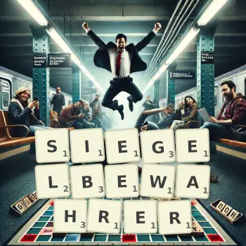 Kreative Illustration für ein Scrabble-Spiel, bei dem das Wort SIEGELBEWAHRER mit Steinen auf dem Brett gelegt wurde.