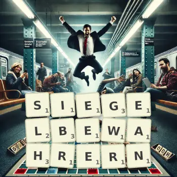 Kreative Illustration für ein Scrabble-Spiel, bei dem das Wort SIEGELBEWAHRERN mit Steinen auf dem Brett gelegt wurde.