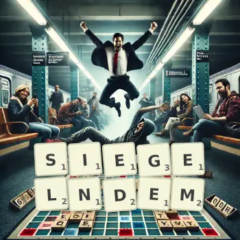 Kreative Illustration für ein Scrabble-Spiel, bei dem das Wort SIEGELNDEM mit Steinen auf dem Brett gelegt wurde.