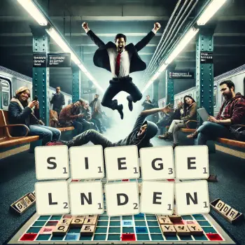 Kreative Illustration für ein Scrabble-Spiel, bei dem das Wort SIEGELNDEN mit Steinen auf dem Brett gelegt wurde.