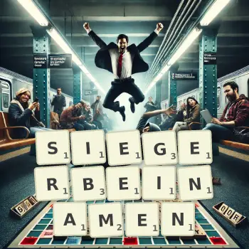 Kreative Illustration für ein Scrabble-Spiel, bei dem das Wort SIEGERBEINAMEN mit Steinen auf dem Brett gelegt wurde.