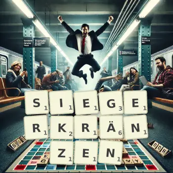 Kreative Illustration für ein Scrabble-Spiel, bei dem das Wort SIEGERKRÄNZEN mit Steinen auf dem Brett gelegt wurde.