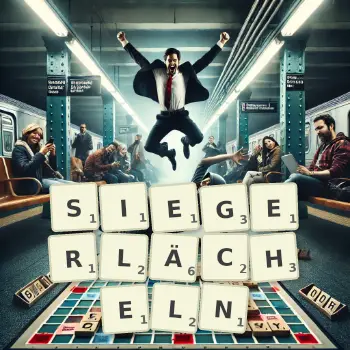 Kreative Illustration für ein Scrabble-Spiel, bei dem das Wort SIEGERLÄCHELN mit Steinen auf dem Brett gelegt wurde.